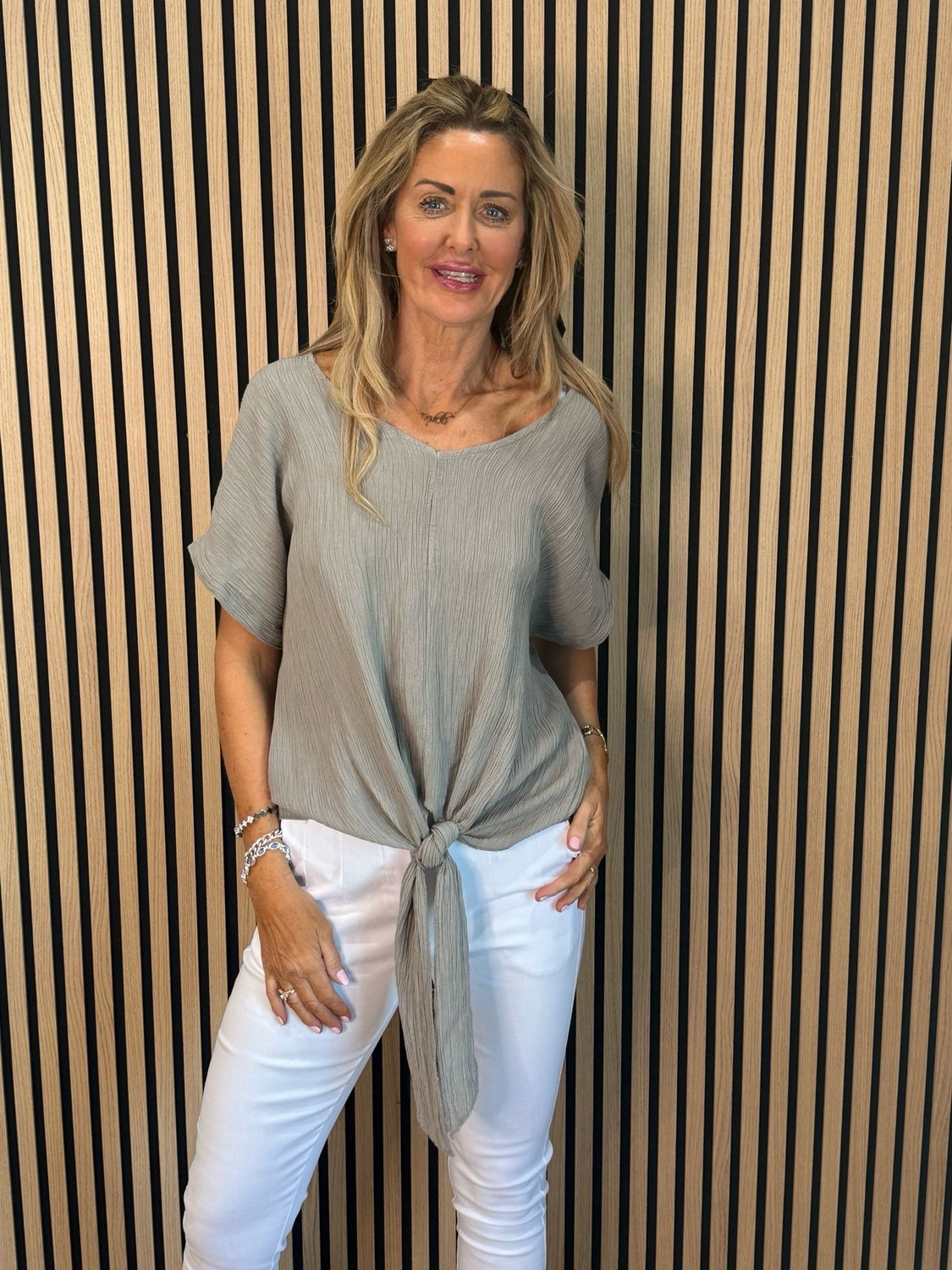 Tie Front Crinkle Top - Taupe