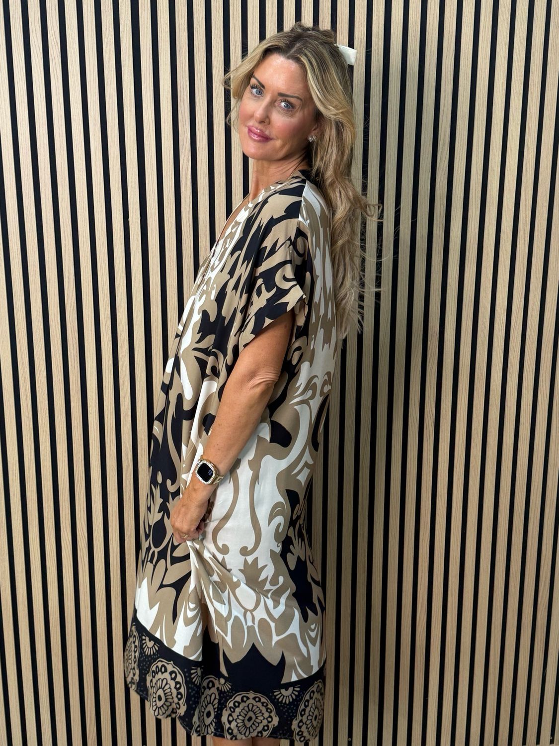 Printed Tunic Dress - Black/Taupe