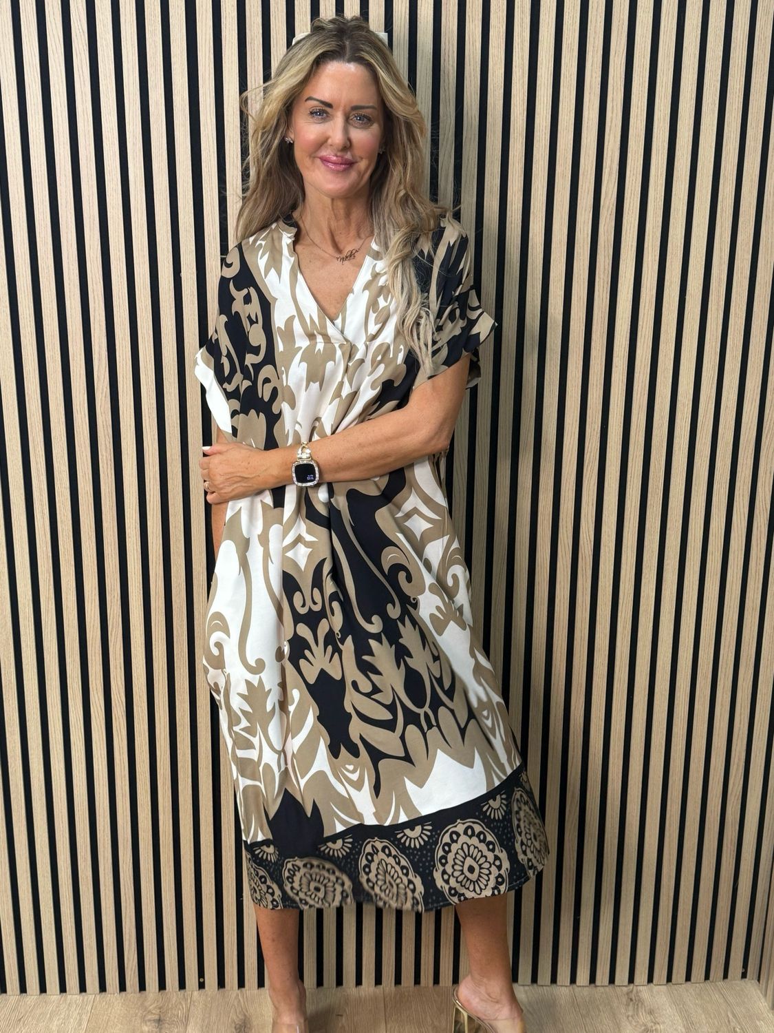 Printed Tunic Dress - Black/Taupe