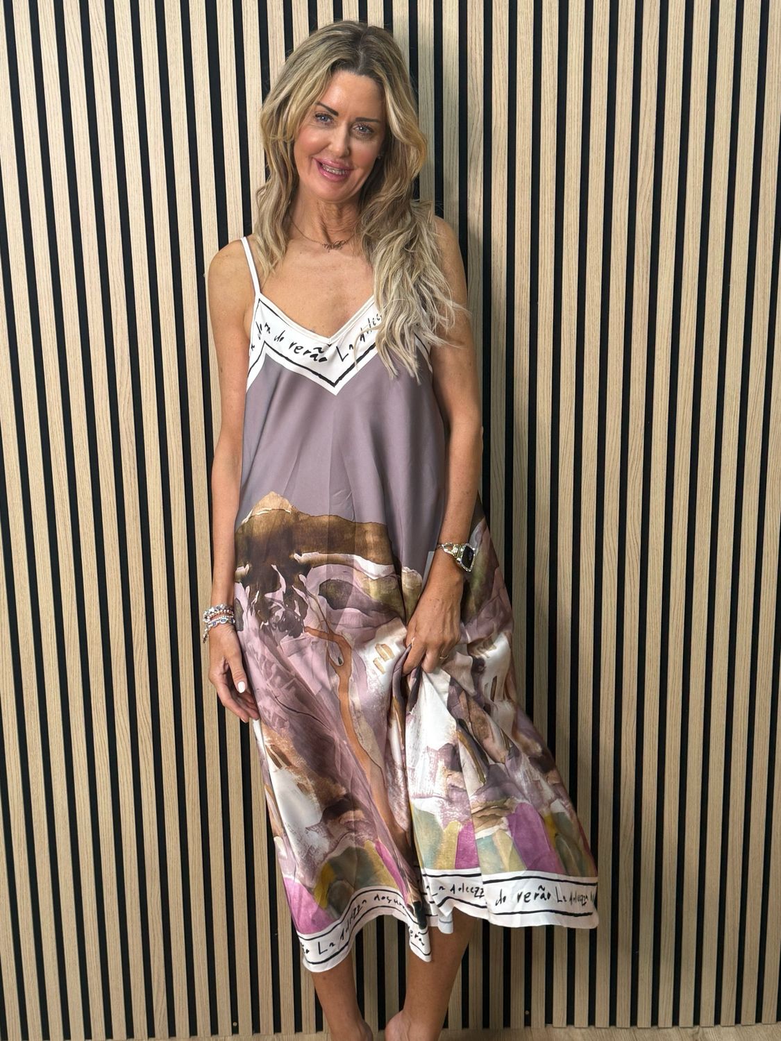 Abstract Print Maxi Dress - Soft Taupe