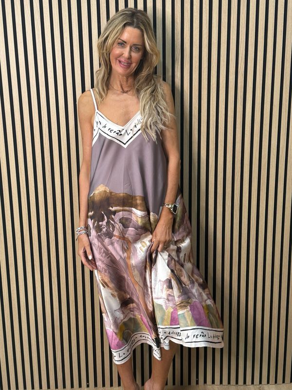 Abstract Print Maxi Dress - Soft Taupe