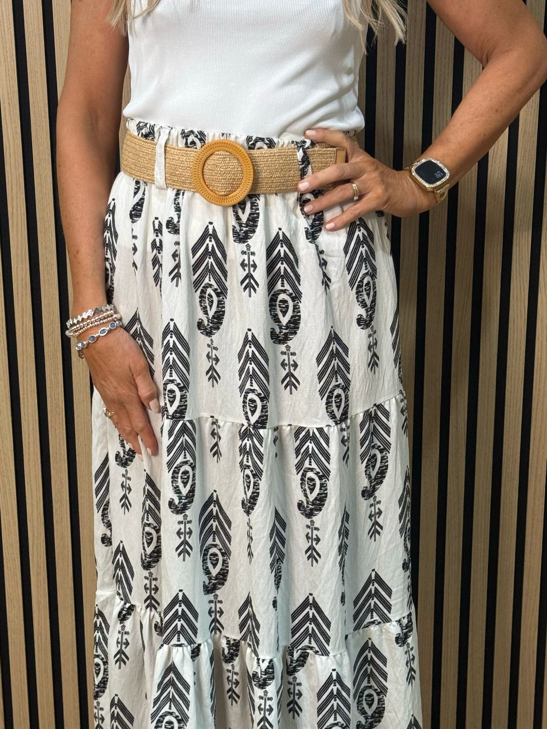 Boho Print Belted Skirt - Black