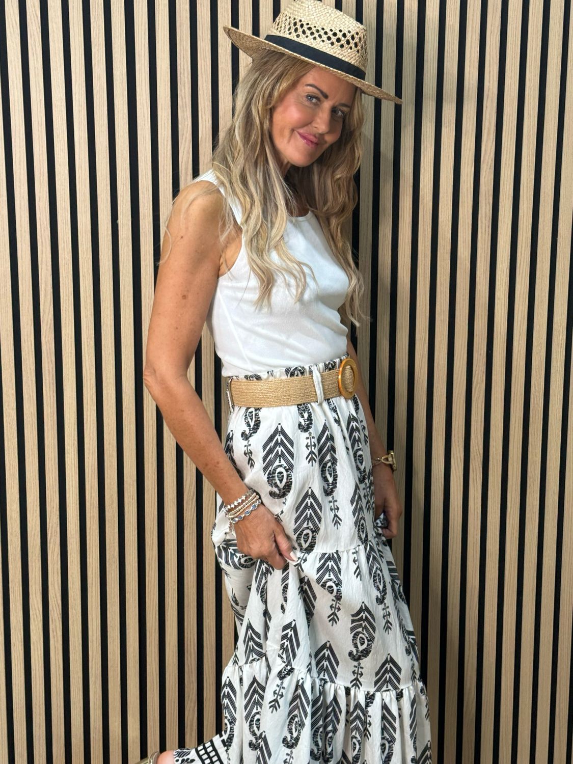 Boho Print Belted Skirt - Black