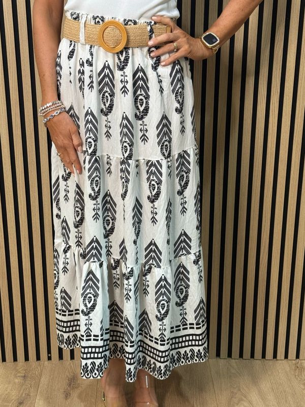 Boho Print Belted Skirt - Black