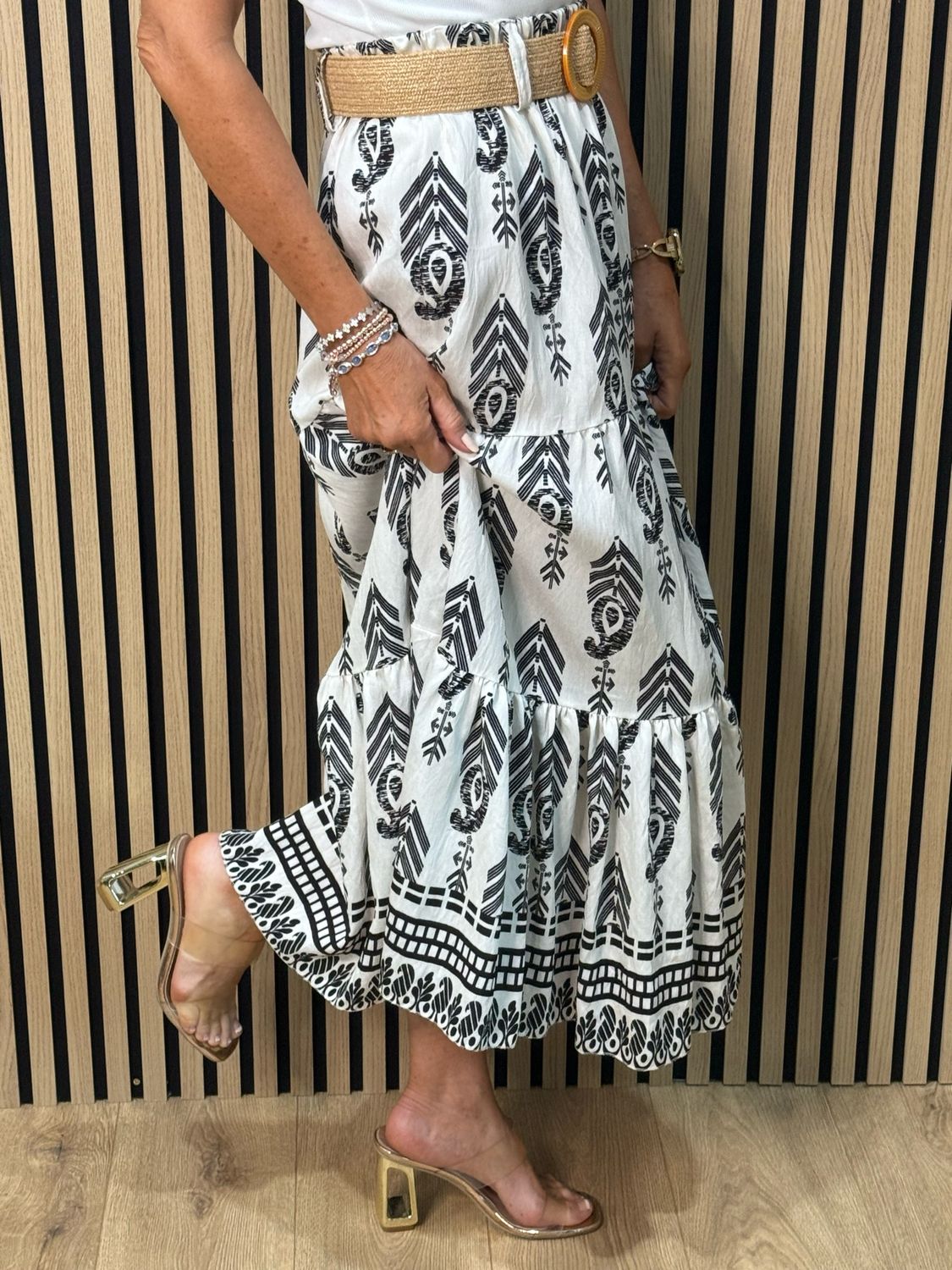 Boho Print Belted Skirt - Black