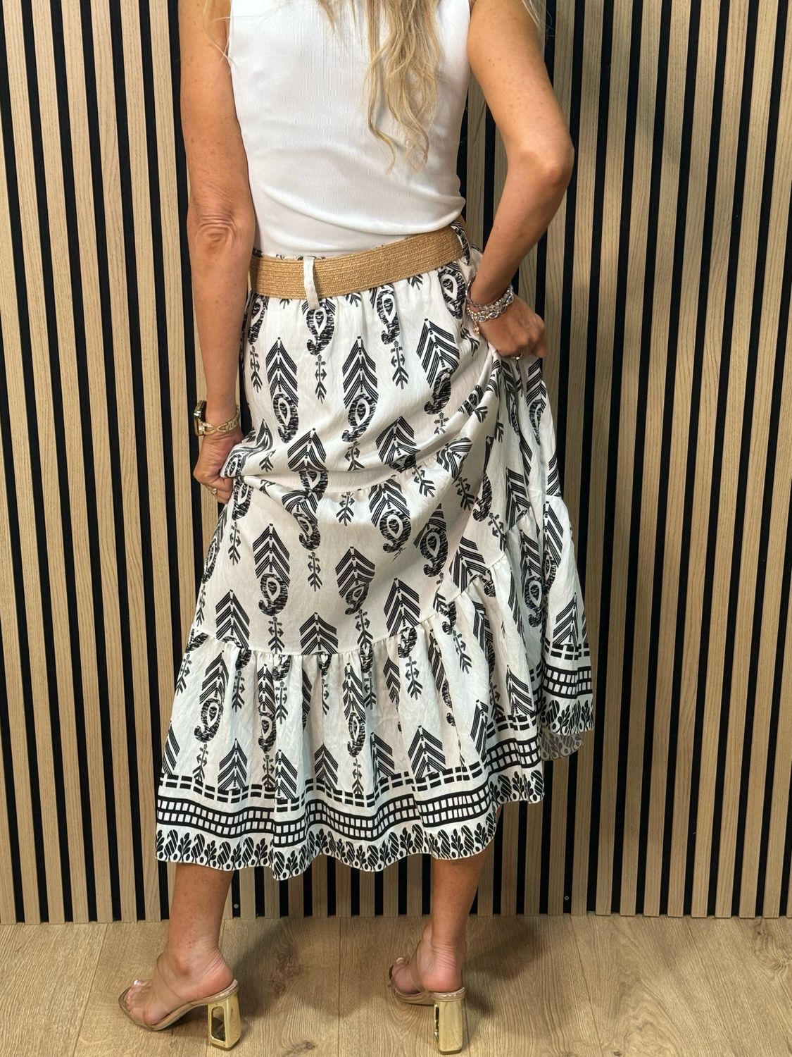 Boho Print Belted Skirt - Black