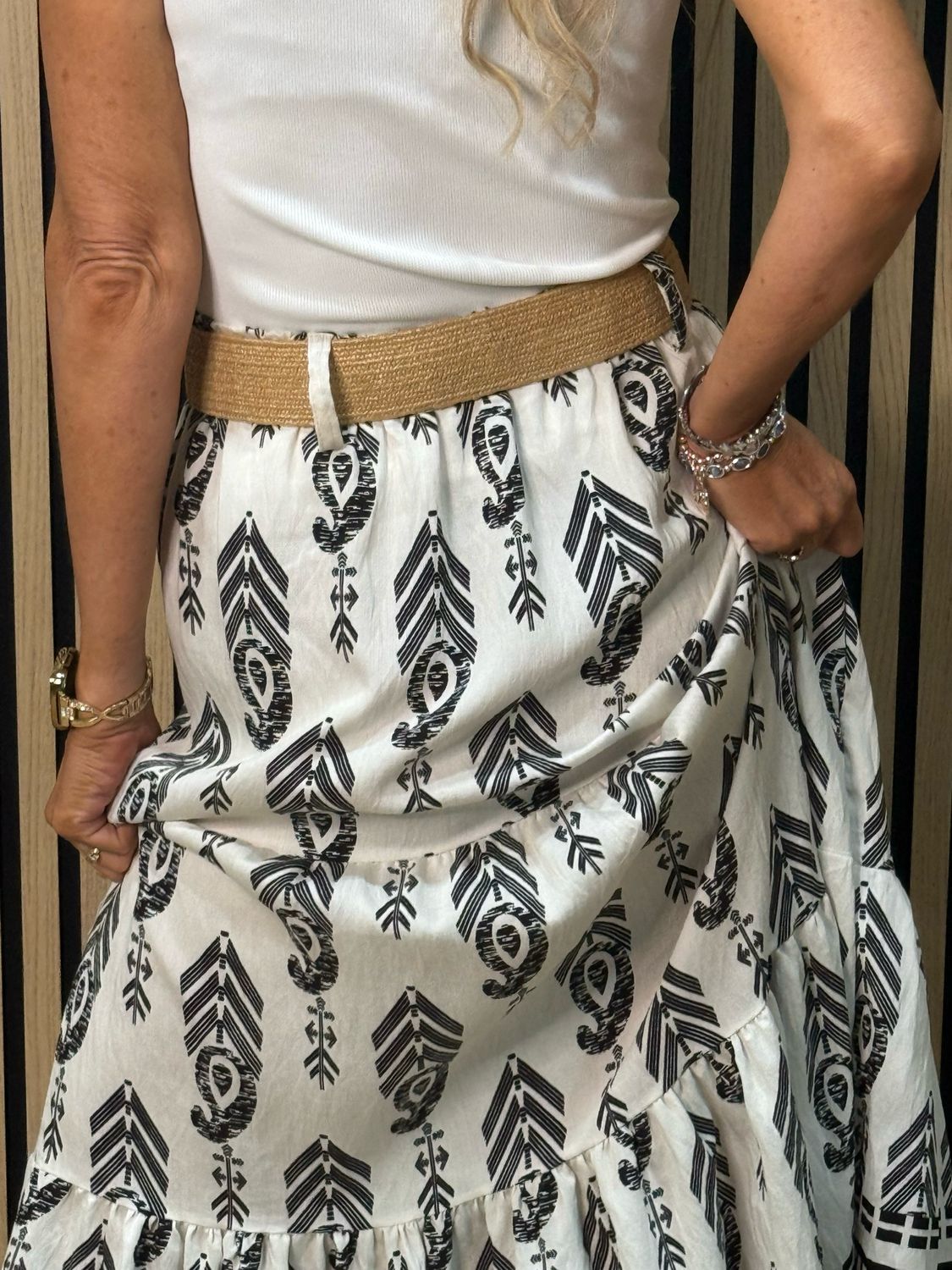 Boho Print Belted Skirt - Black