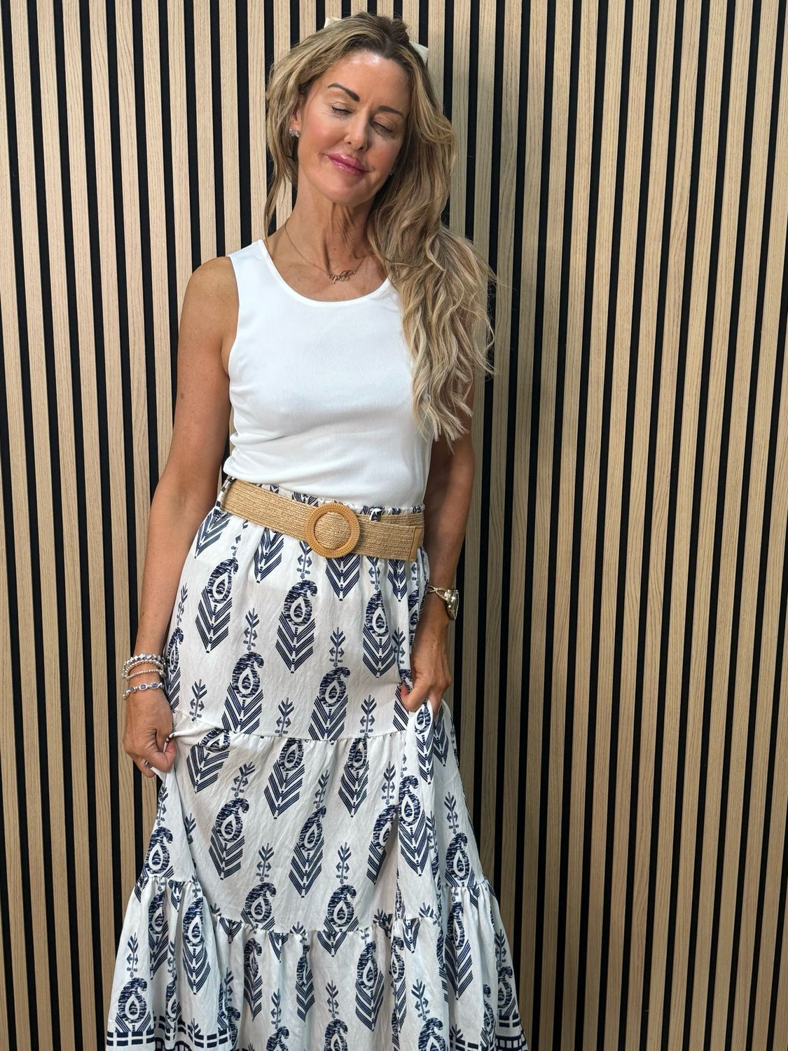 Boho Print Belted Skirt - Navy