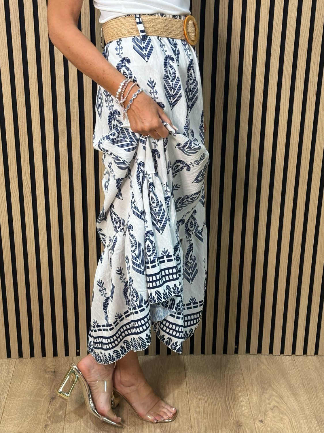 Boho Print Belted Skirt - Navy