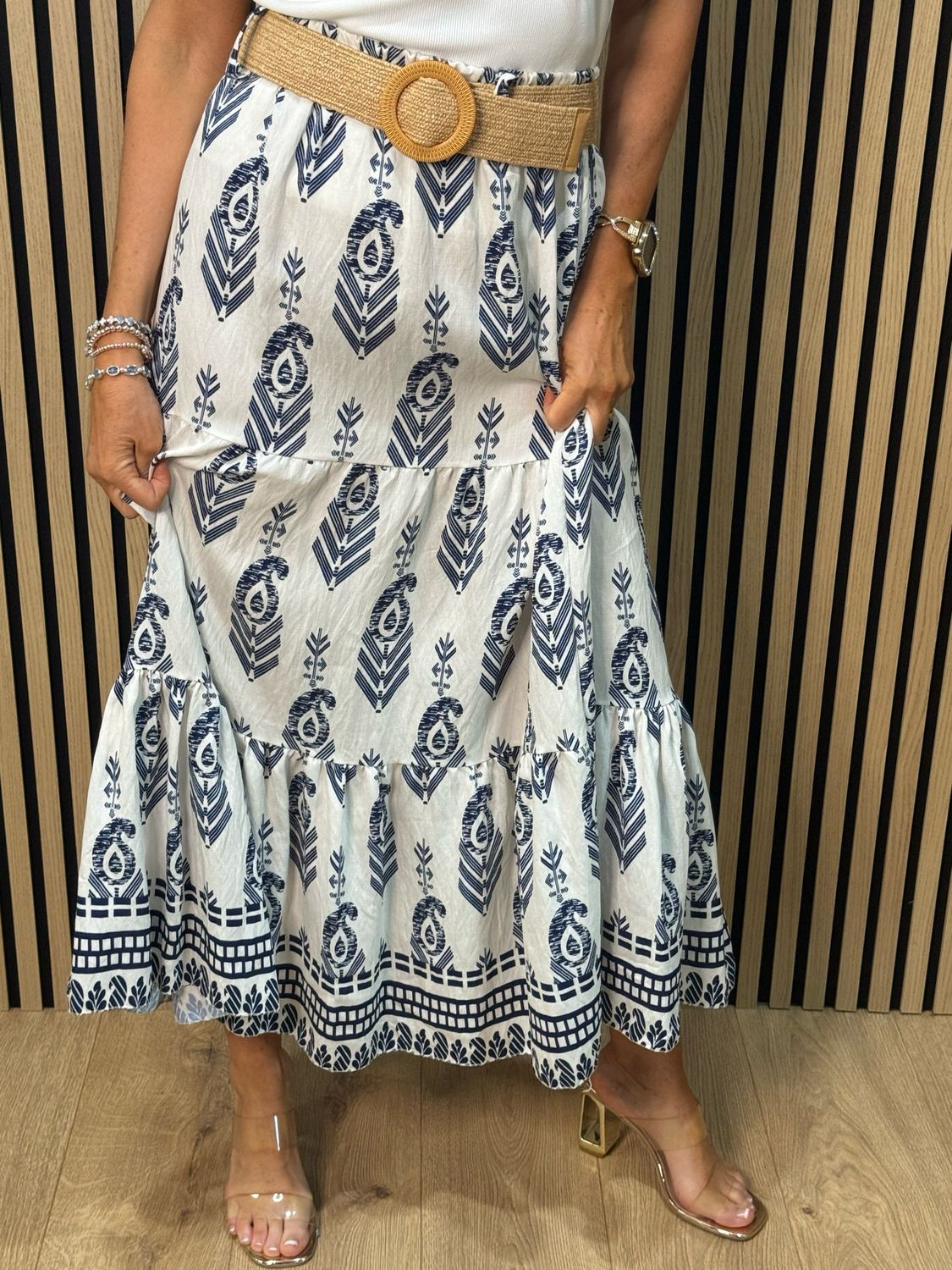 Boho Print Belted Skirt - Navy