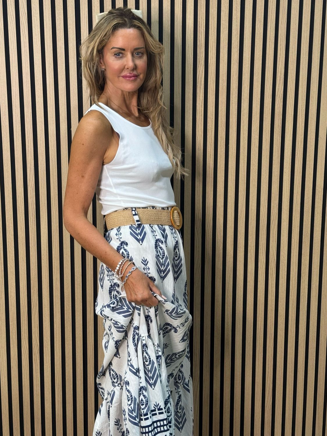 Boho Print Belted Skirt - Navy