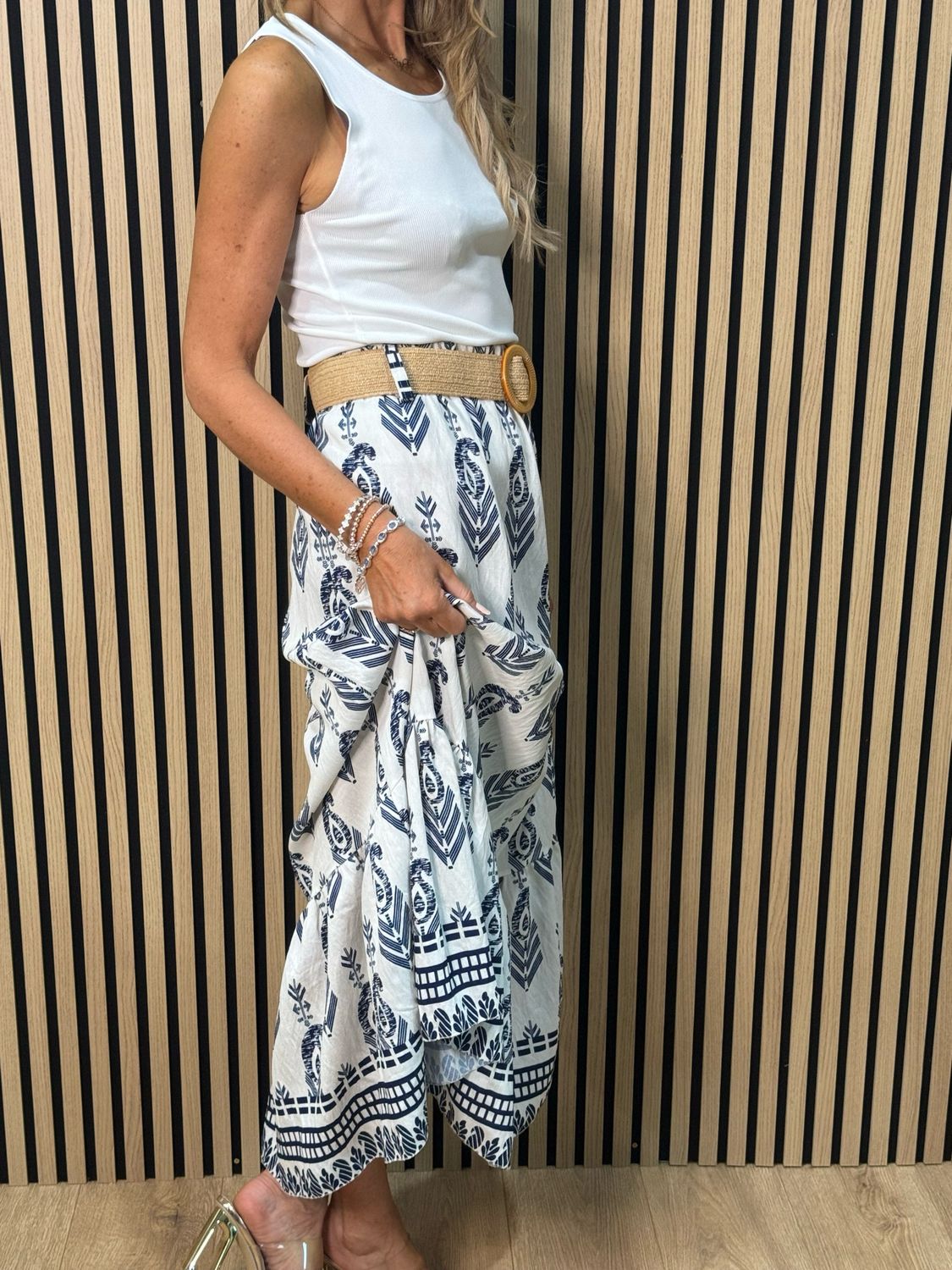 Boho Print Belted Skirt - Navy