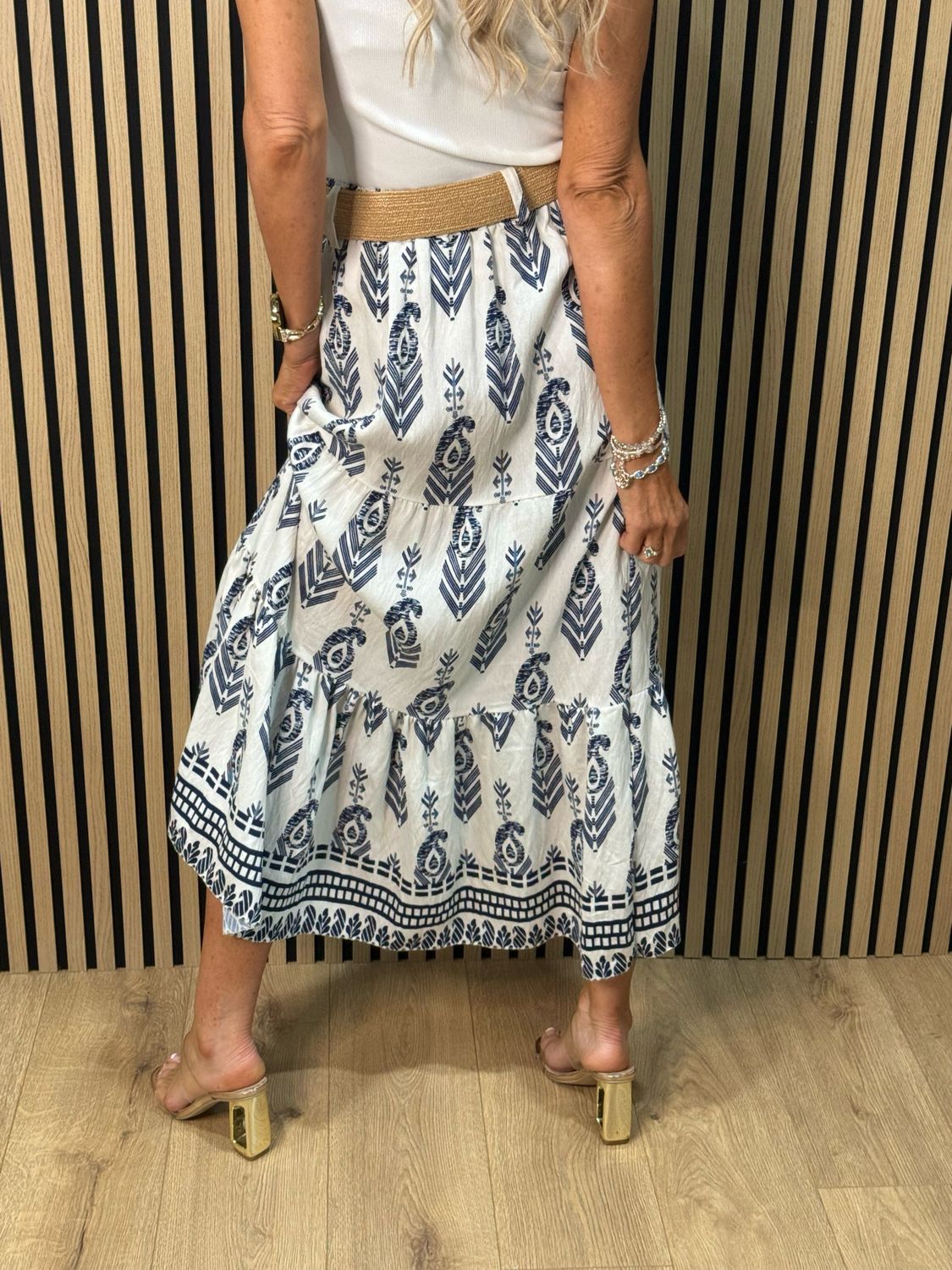 Boho Print Belted Skirt - Navy