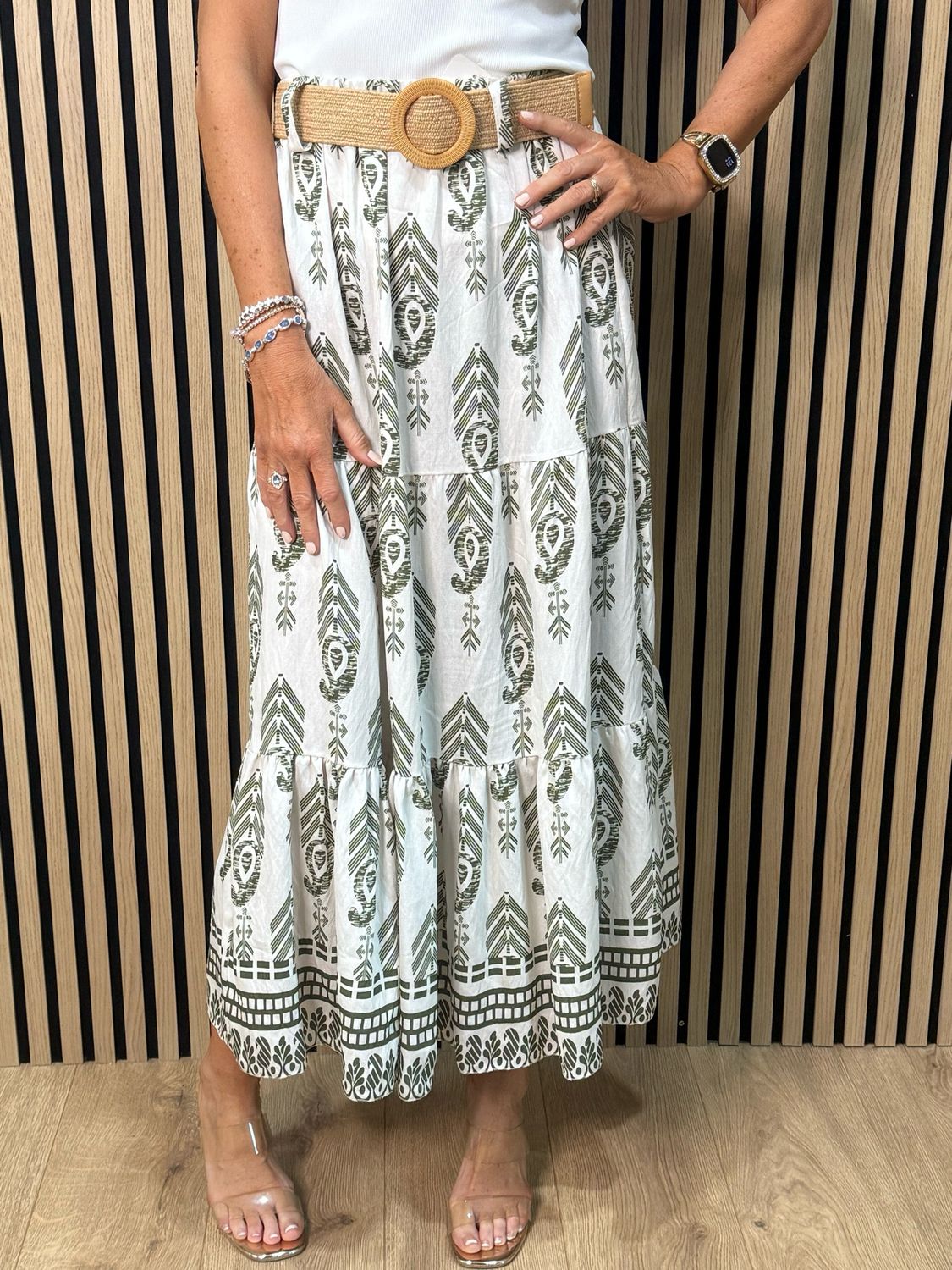 Boho Print Belted Skirt - Khaki