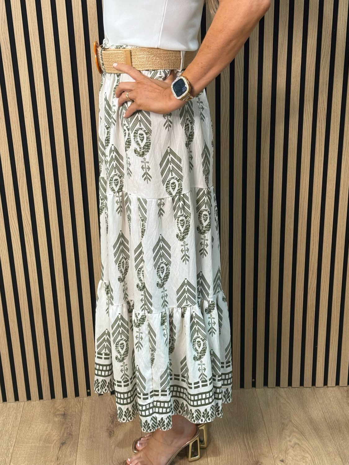 Boho Print Belted Skirt - Khaki