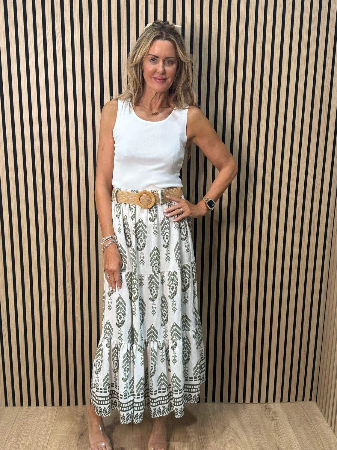 Boho Print Belted Skirt - Khaki