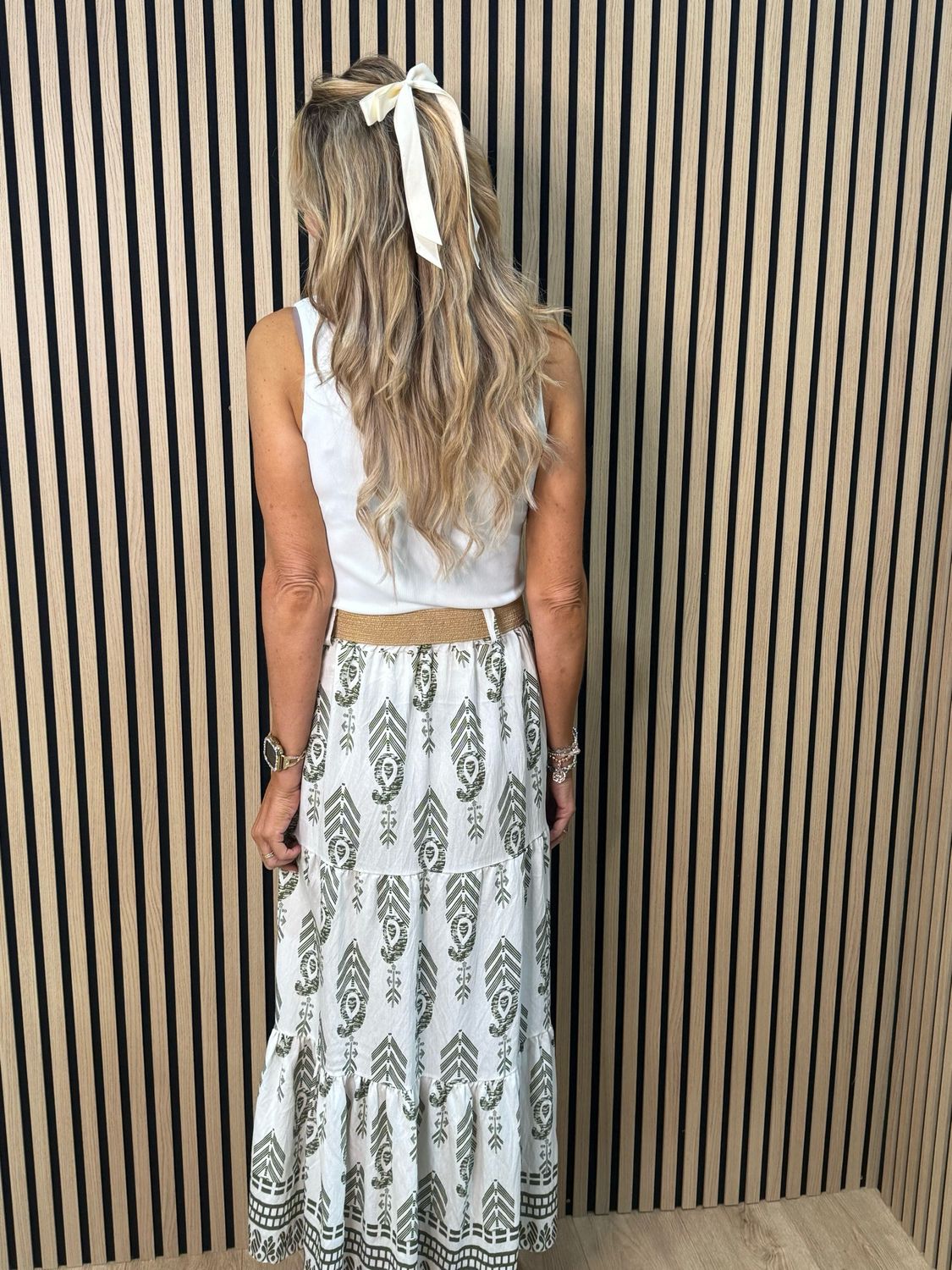 Boho Print Belted Skirt - Khaki