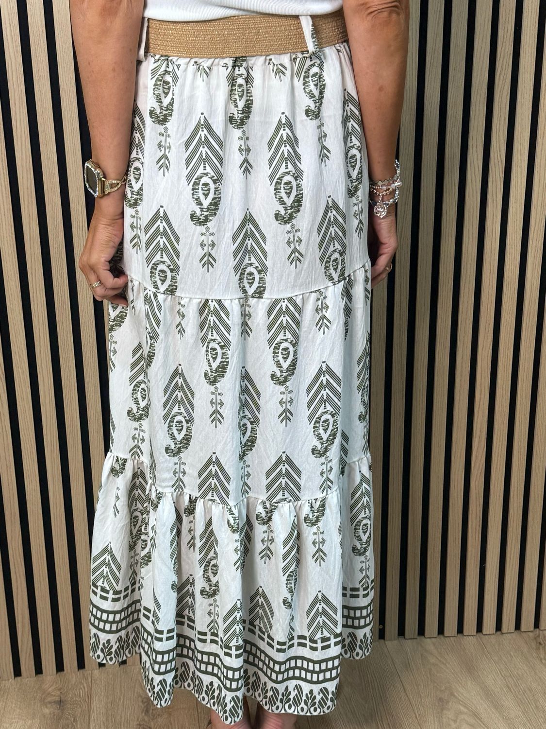 Boho Print Belted Skirt - Khaki