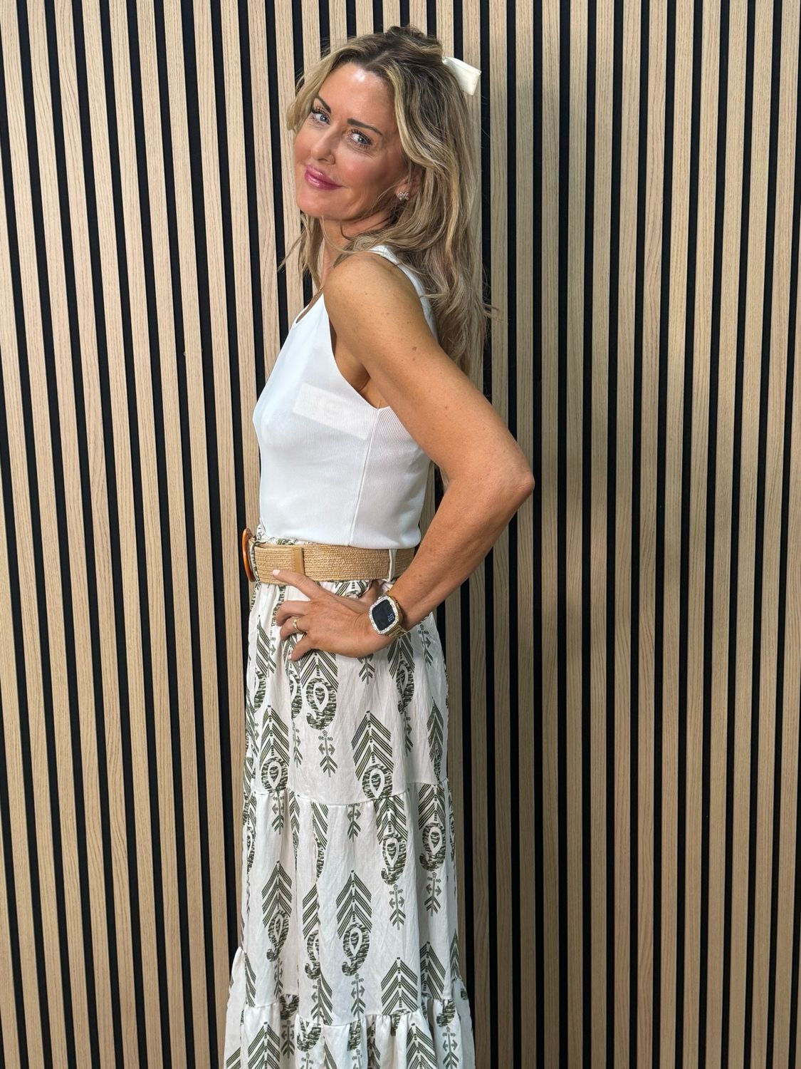 Boho Print Belted Skirt - Khaki