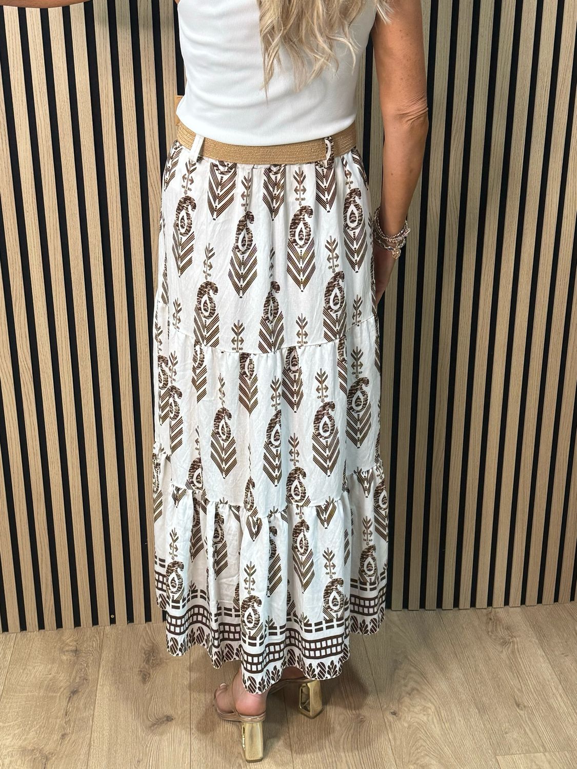 Boho Print Belted Skirt - Brown