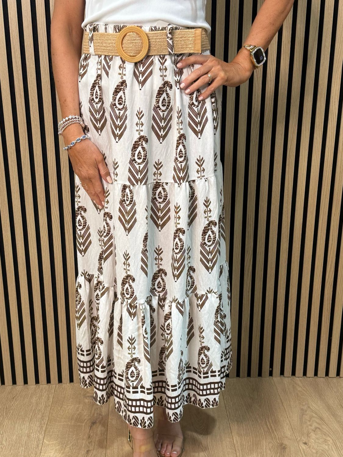 Boho Print Belted Skirt - Brown