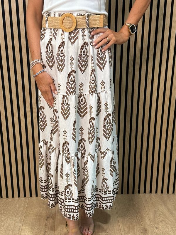 Boho Print Belted Skirt - Brown