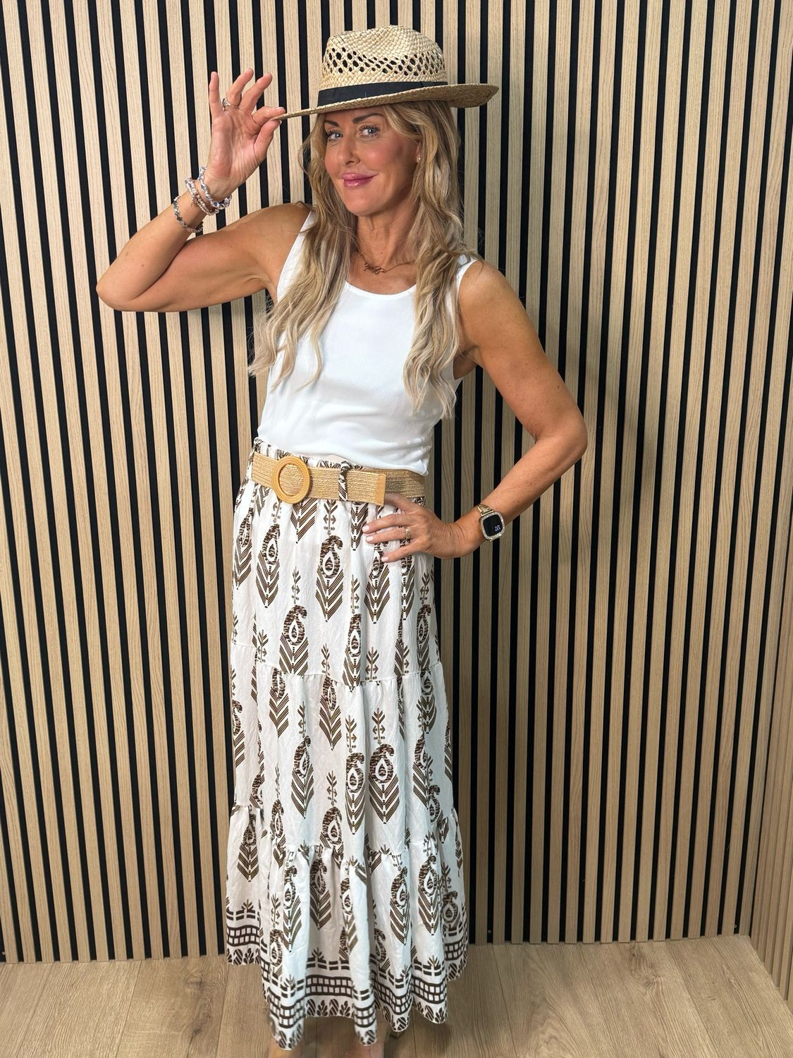 Boho Print Belted Skirt - Brown