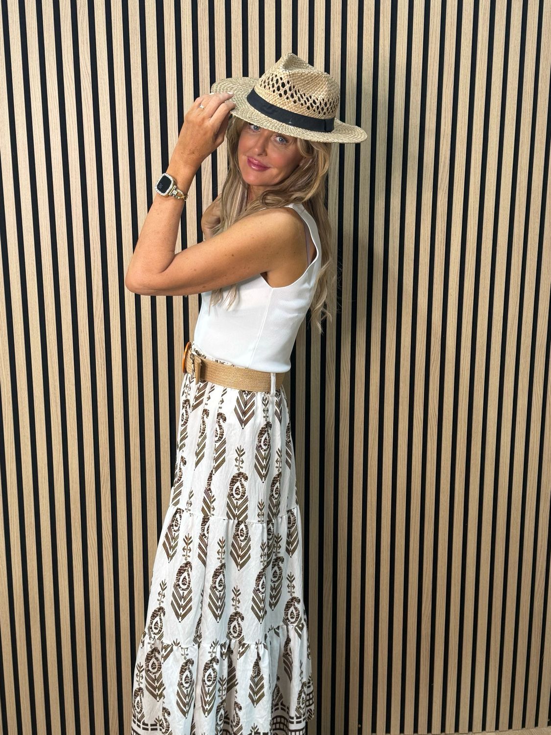 Boho Print Belted Skirt - Brown