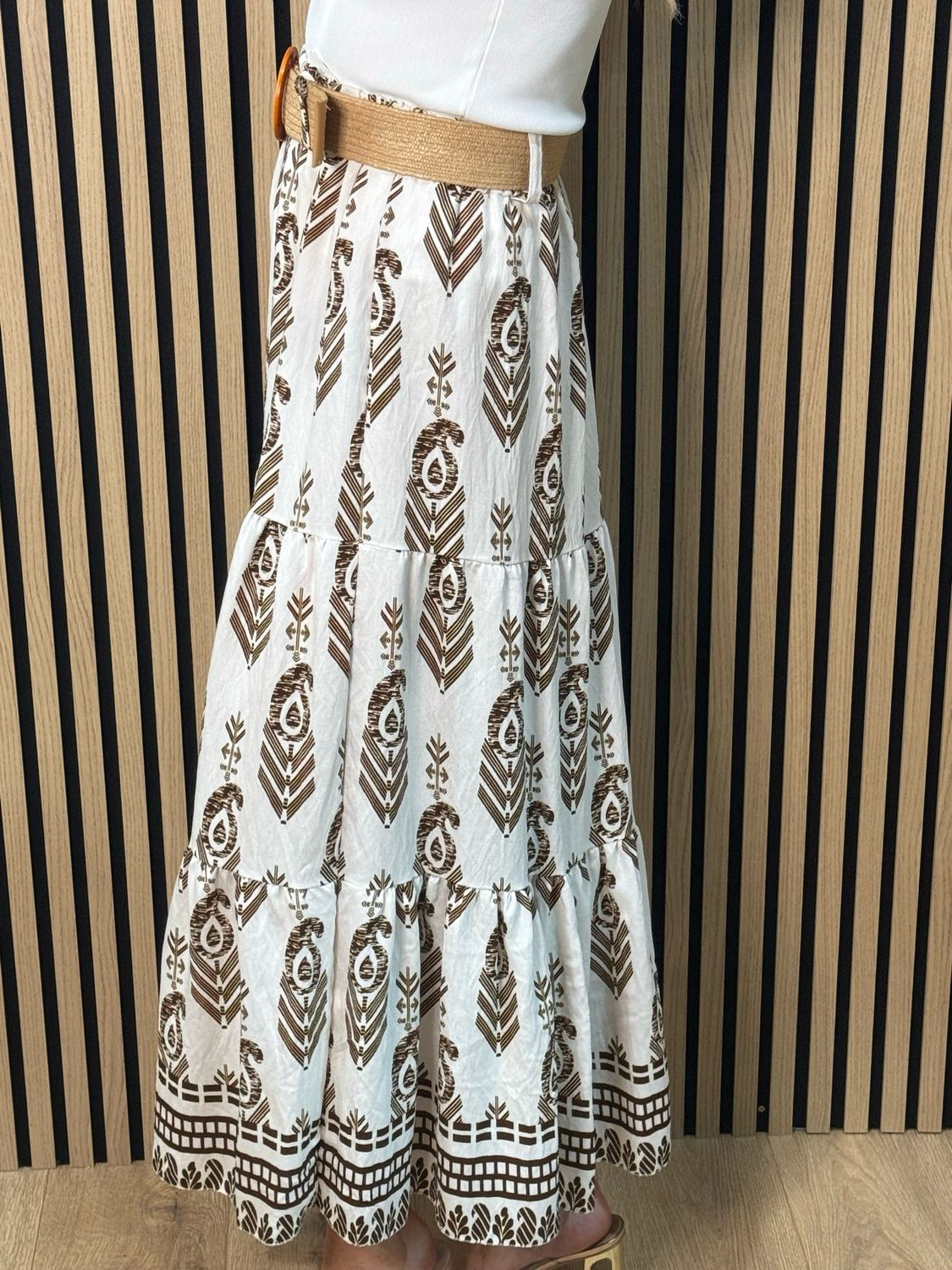 Boho Print Belted Skirt - Brown