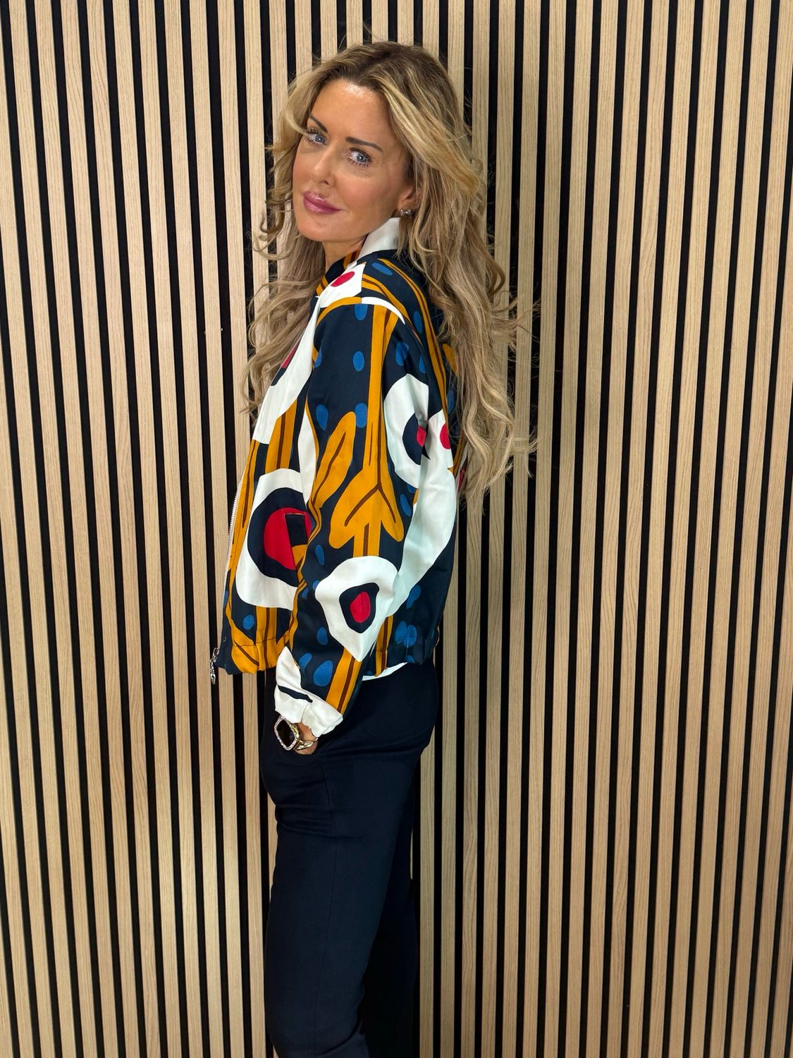 Abstract Print Zip Jacket - Navy/White/Mustard