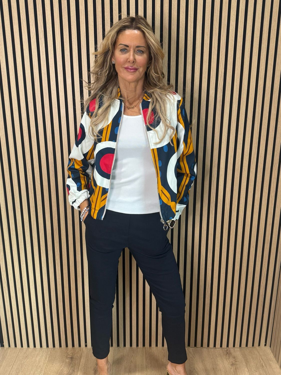 Abstract Print Zip Jacket - Navy/White/Mustard