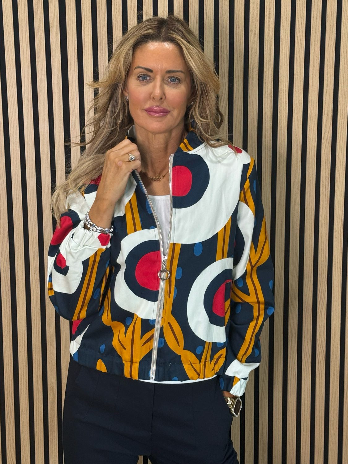 Abstract Print Zip Jacket - Navy/White/Mustard