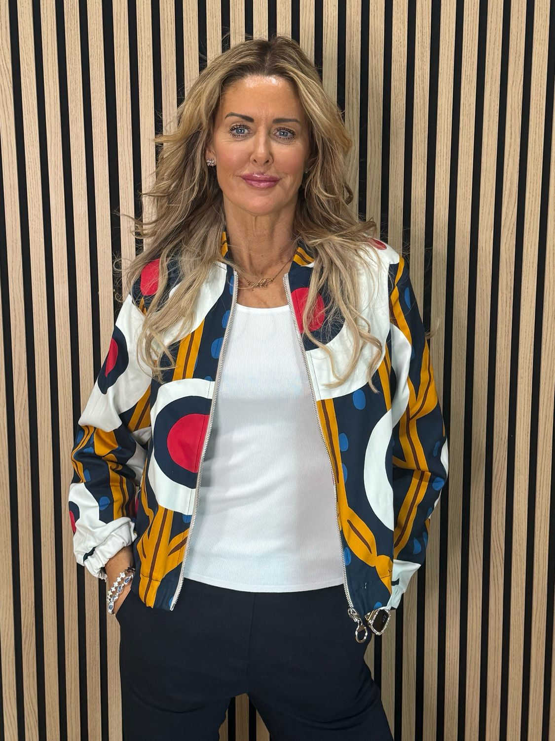 Abstract Print Zip Jacket - Navy/White/Mustard