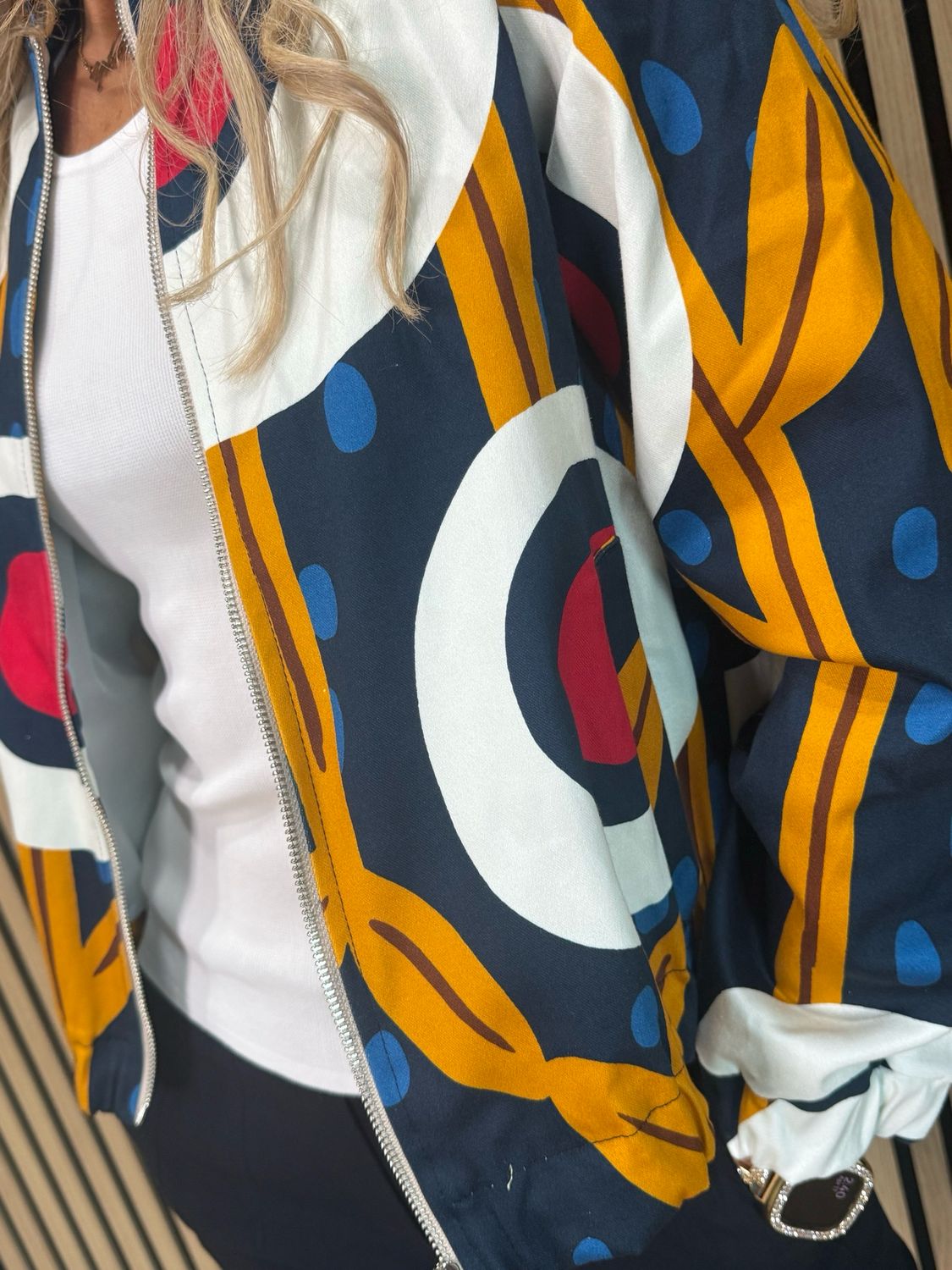 Abstract Print Zip Jacket - Navy/White/Mustard