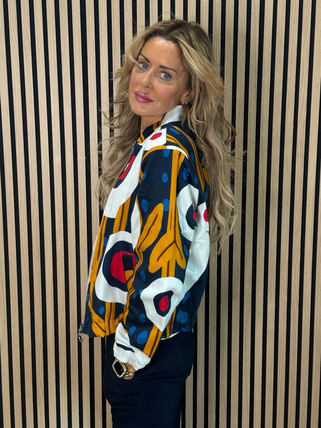 Abstract Print Zip Jacket - Navy/White/Mustard