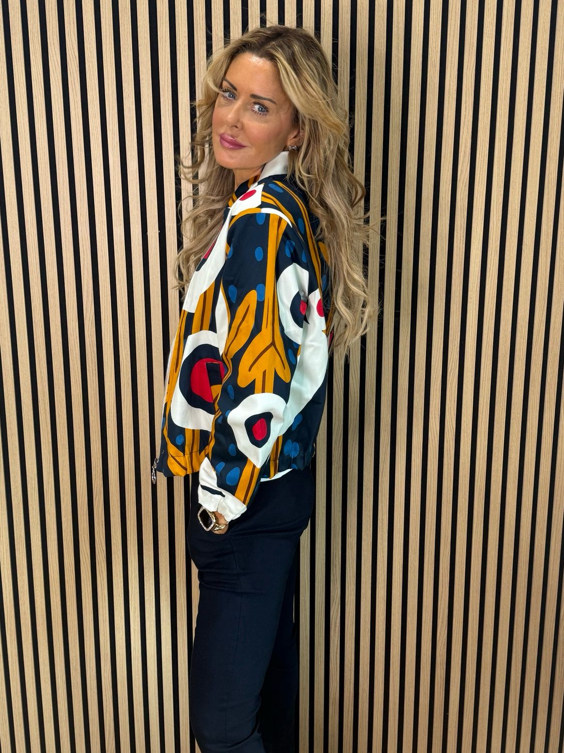 Abstract Print Zip Jacket - Navy/White/Mustard