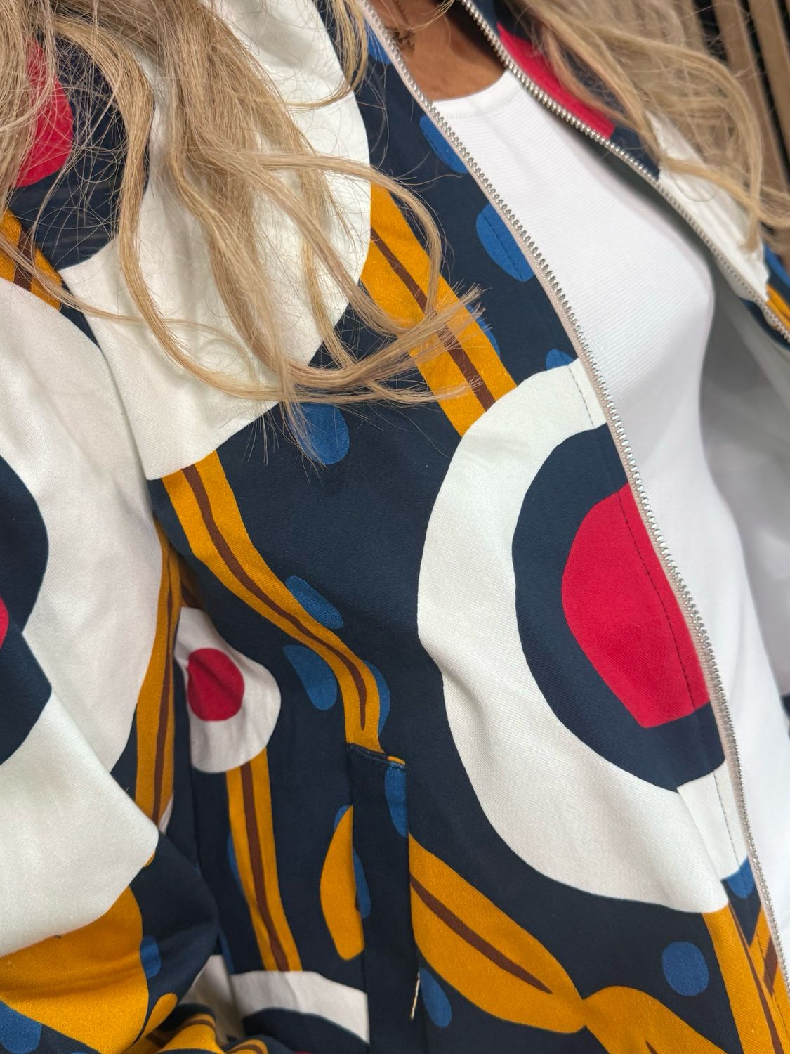 Abstract Print Zip Jacket - Navy/White/Mustard