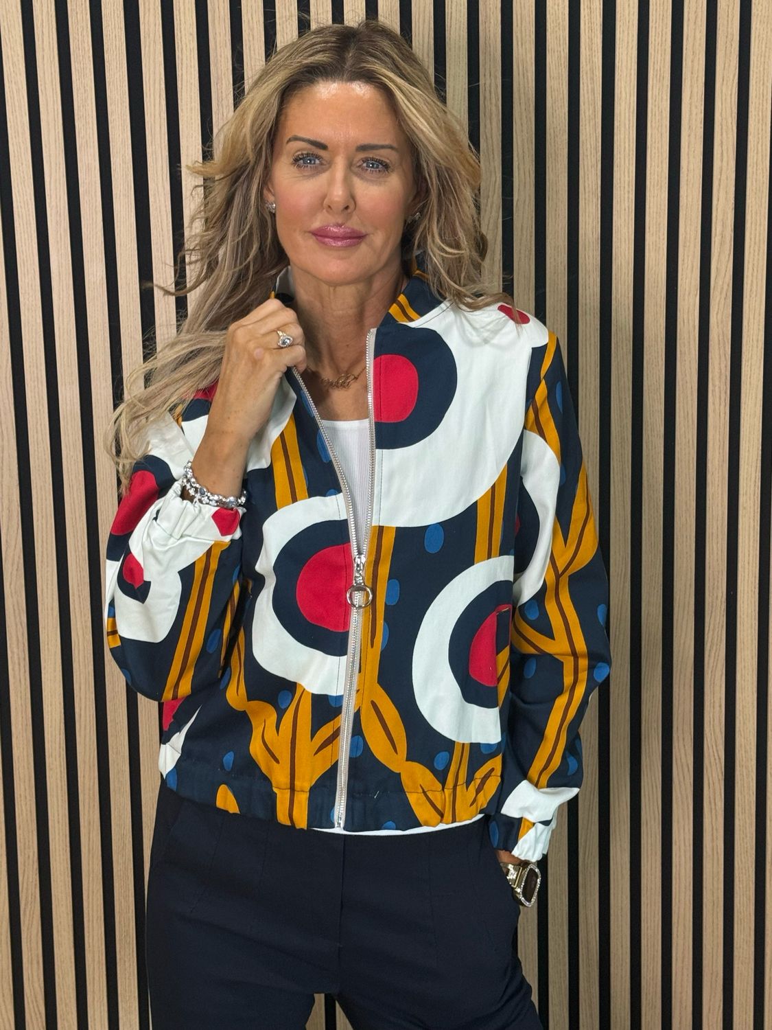 Abstract Print Zip Jacket - Navy/White/Mustard