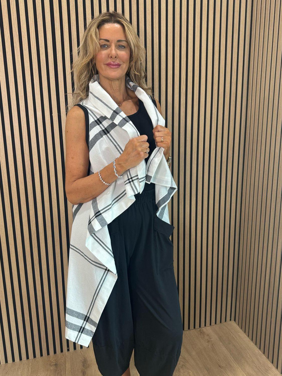 Check Pattern Drape Top - White/Grey