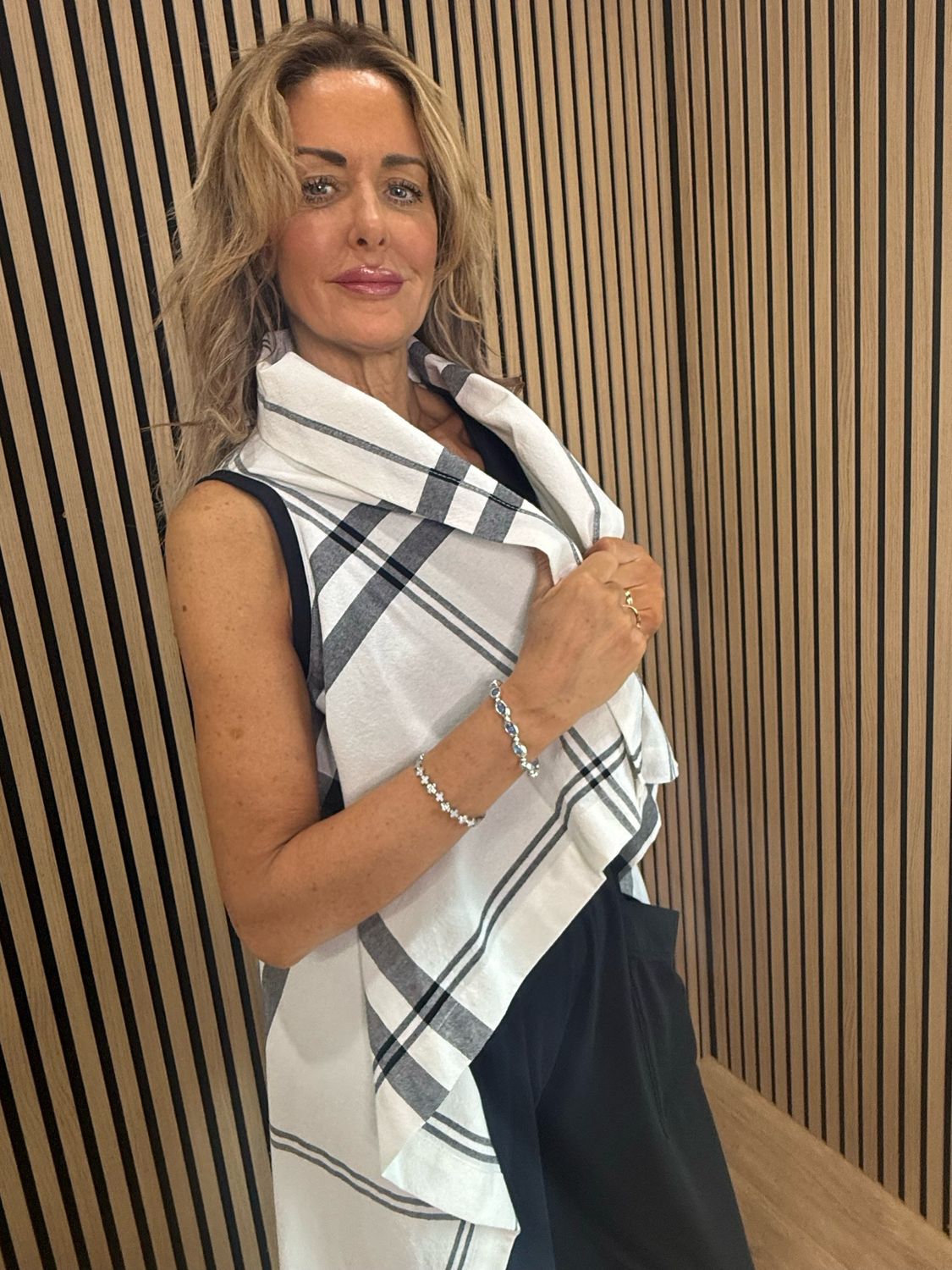 Check Pattern Drape Top - White/Grey