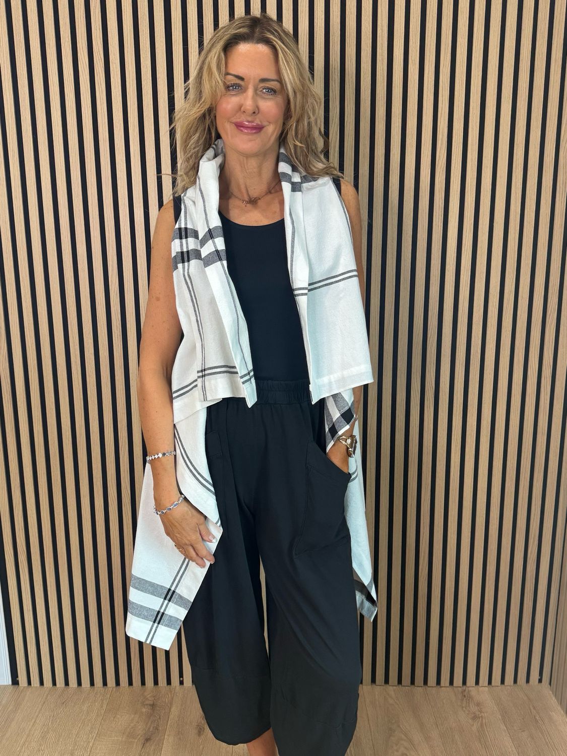 Check Pattern Drape Top - White/Grey