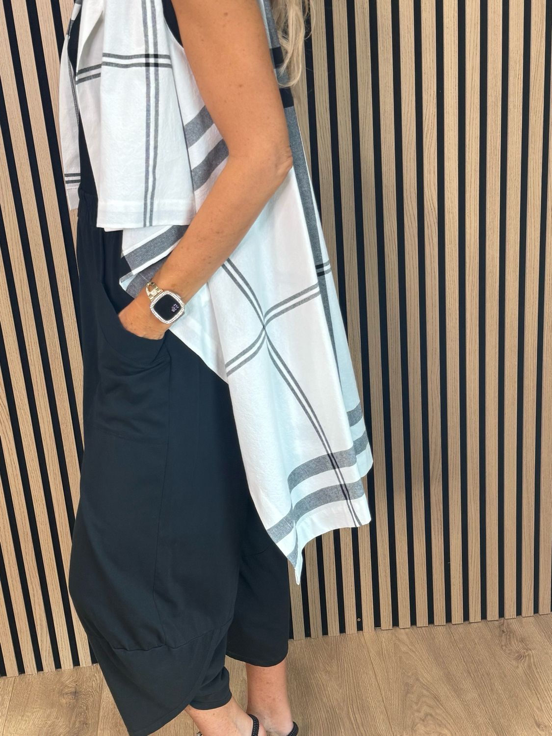 Check Pattern Drape Top - White/Grey