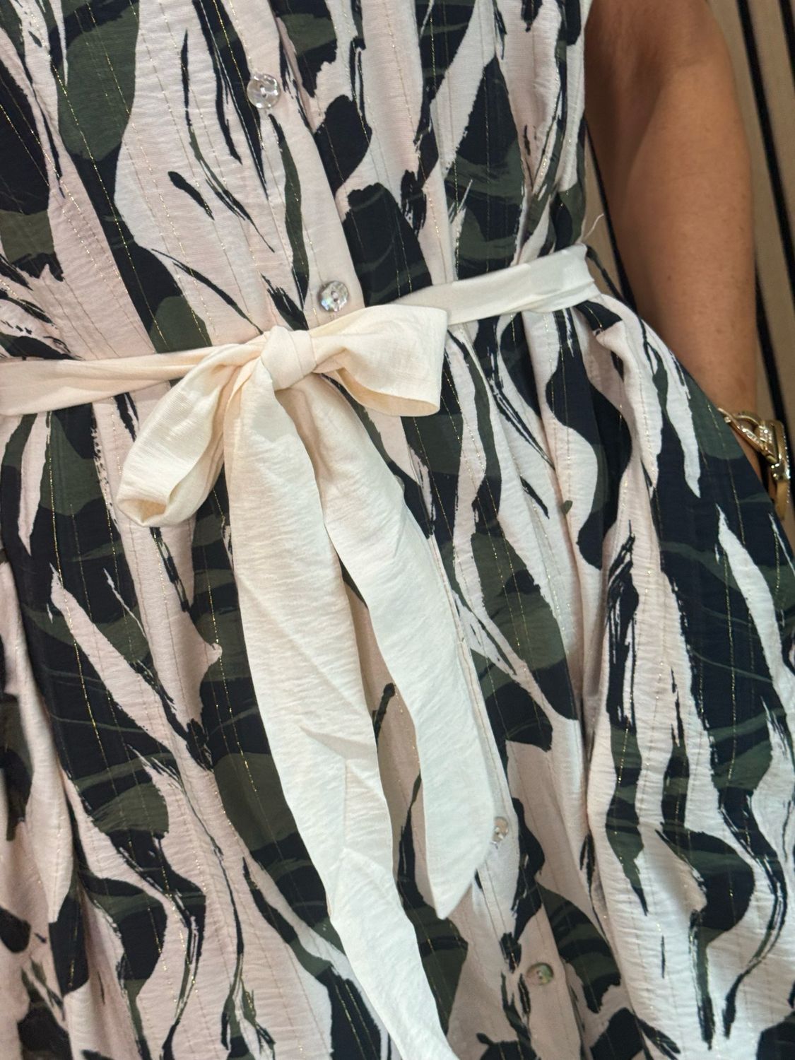 Abstract Print - Tie Waist Shirt Dress - Cream/Khaki