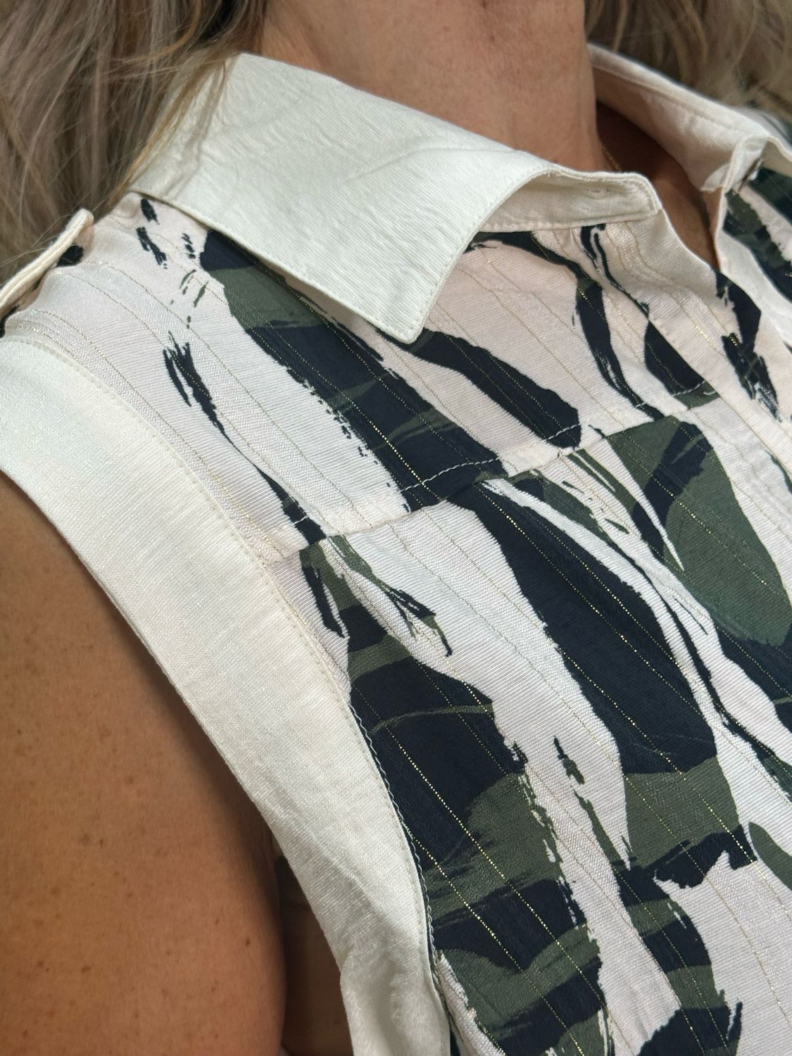 Abstract Print - Tie Waist Shirt Dress - Cream/Khaki