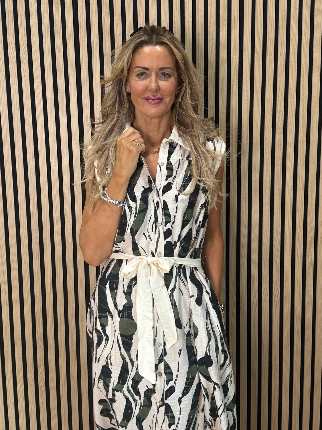 Abstract Print - Tie Waist Shirt Dress - Cream/Khaki