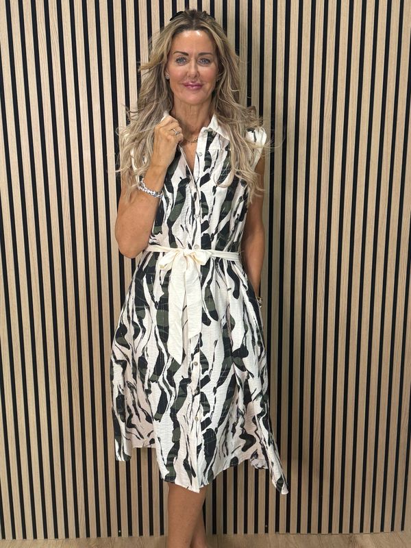 Abstract Print - Tie Waist Shirt Dress - Cream/Khaki