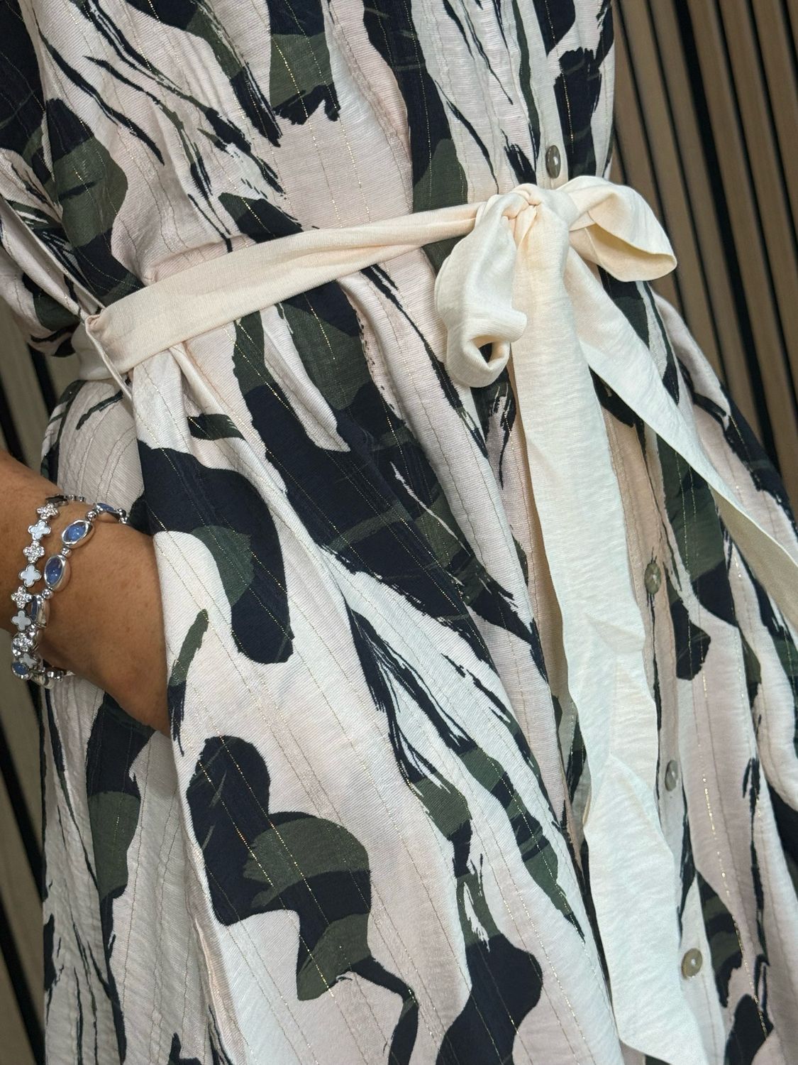 Abstract Print - Tie Waist Shirt Dress - Cream/Khaki