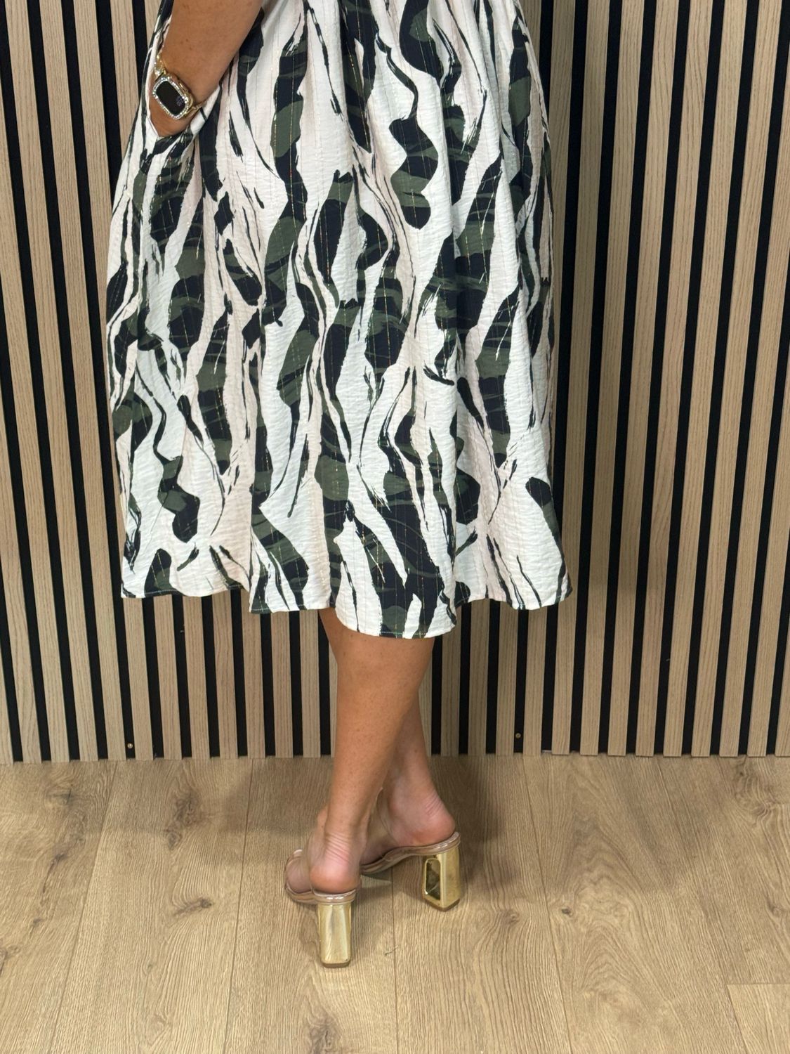 Abstract Print - Tie Waist Shirt Dress - Cream/Khaki