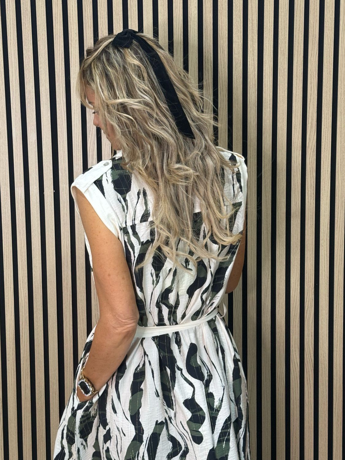 Abstract Print - Tie Waist Shirt Dress - Cream/Khaki