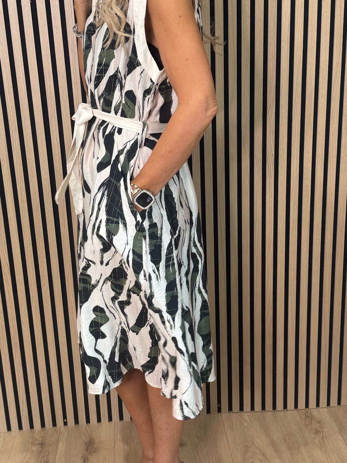 Abstract Print - Tie Waist Shirt Dress - Cream/Khaki